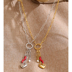 Collier pour femme JINYOU 1882, nouveautés, acier inoxydable, émail, piment rouge, zircon, cœur, perle, chaîne, pendentif - Product Image 3