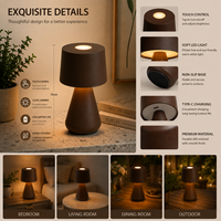 Lampe de table LED marron minimaliste, portable, mini, sans fil, rechargeable USB-C pour chambre, chevet, café, hôtel, restaurant