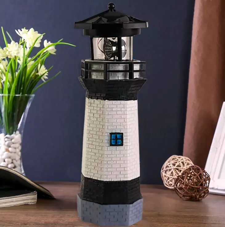 Resin Crafts Gifts Lighthouse with Rotating Solar Lamp Outdoor Decor Beacon Led Lights for Garden Patio