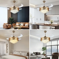 Ventilateur de plafond moderne en cristal, doré, rond, LED, pour salon, chambre à coucher, ventilateur de plafond invisible avec éclairage