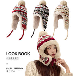 Chapeaux d'hiver tricotés en jacquard à bord roulé, chauds et protégeant les oreilles, vente en gros - Product Image 3