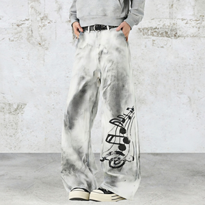 กางเกงยีนส์ผู้ชายทรงหลวมแบบใหม่ ดีไซน์พิเศษ ขากว้าง ทรงแบ็กกี้ แต่งขาดๆ คุณภาพสูง - Product Image 2