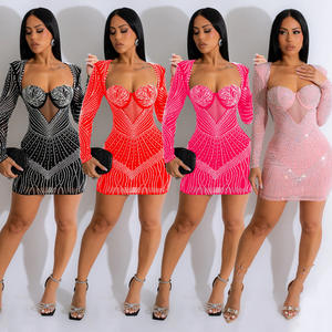 2026 Damenmode Einfarbiges Netz-Perlenkleid mit Langen Ärmeln Strass Kurzes Abendkleid Umlegekragen Durchsichtiges Bodycon-Kleid - Product Image 1