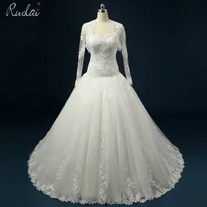 Drop waist bridal ball with lace appliqued jacket for weddings cn jia yes yes crepe elegant real sample wedding dress