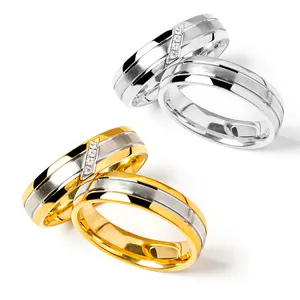 Hot Selling 18k Gold Plated Eternity Titanium Engagement Couple Ring Cubic Zirconia Stainless Steel Wedding Band Rings set