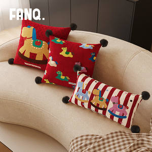 FANQ Red Festive Throw Pillow Colorful Rocking Horse Dutch Velvet <b>Cushion</b> Home Sofa Decor With <b>Insert</b> Striped Cartoon Pattern - Product Image 4
