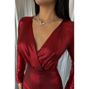 Body de una pieza brillante color borgoña, estilo casual, manga corta, tela de satén y nailon, control de abdomen, largo hasta la rodilla, para primavera y verano. - Product Image 3