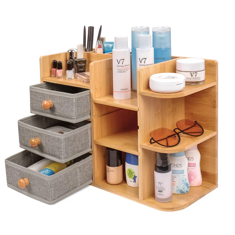 Combohome organizador de cosméticos, caixa de bambu organizadora de madeira para cosméticos e maquiagem, prateleira, caixa de organização