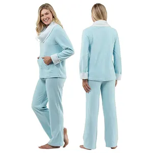 Custom soft polar fleece two piece pajama set women fuzzy lounge sleepwear long sleeve warm sleepwear