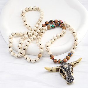 Moda estilo bohemio 8mm emperador piedra con cuentas largo anudado collar Rhinestone Bull Head colgante accesorios para occidental - Product Image 4