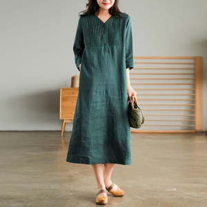 Abiti Estivi da Donna Casual Novità 2025 Stile Vintage Scollo a V Tinta Unita Larghi in Lino Mezza Manica Lunghi - Product Image 4