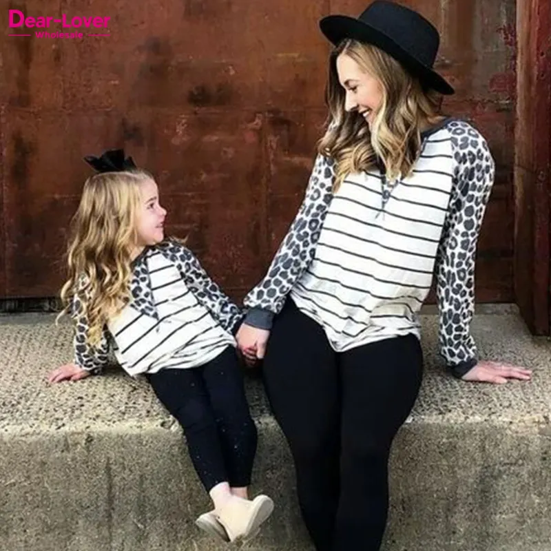 Dear-Lover Mommy and Me Outfits Tops Mother Daughter Raglan Sleeve Striped Leopard Splicing Family Matching Clothes