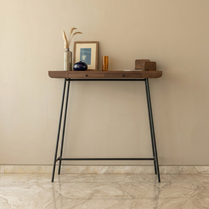 Hallden Walnut <b>Console</b> <b>Table</b> with Drawer <b>Slim</b> Metal Legs Wooden Storage Compartment Modern Sofa <b>Table</b> Elegant Home Furniture - Product Image 1