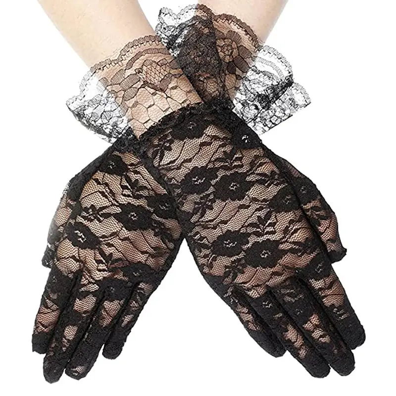 ถุงมือลูกไม้สั้นสำหรับงานแต่งงานถุงมือเซ็กซี่ลายดอกไม้ตาข่ายประดับงานเลี้ยงเจ้าสาว