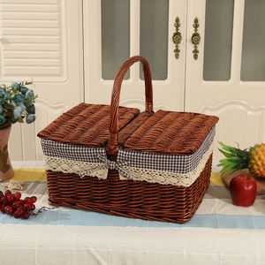 Wood Top Wicker Willow Cooler <b>Storage</b> Picnic <b>Basket</b> Table <b>Round</b> Cane Wine Picnic <b>Basket</b> with Wood Lid - Product Image 4