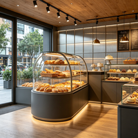 Airy Luxe Bakery & Coffee Market Stall Featuring Glass Display Case, Open Tiered Shelving, and Integrated Warm Lighting