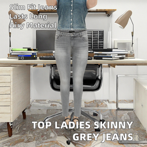 Pantalon crayon skinny gris clair pour femmes, tissu adoucissant, respirant, style streetwear, denim uni lavé, taille haute - Product Image 3