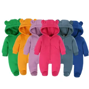 Winter Vlies Babykleidung Baumwolle Neugeborenes Baby Mädchenkleidung 0-3 Monate Bärenohr niedliche Baby-Strampler einfarbiger Hoodie-Jumpsuit