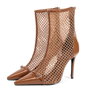 Bottes courtes d'été pour femme, grande taille 46, à talons fins, en cuir verni, avec boucle de ceinture, style sexy, montantes à la cheville, en maille, pour robe d'été - Product Image 6