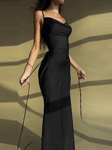 Europa y América 2025 Comercio exterior primavera y verano temperamento sexy color sólido costura con tirantes delgados vestido largo - Product Image 5