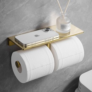 Support mural pour téléphone portable et rouleau de papier toilette en cuivre plaqué or, étagère de salle de bain avec double rangement pour rouleaux - Product Image 1