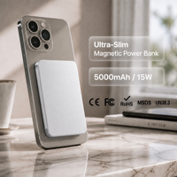 Batterie externe ultra-fine 5000 mAh 6 mm avec charge magnétique sans fil PD 15W Type C à charge rapide pour appareils mobiles