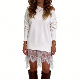 Vestido de sudadera con hombros descubiertos y ribete de encaje para mujer - Vestidos mini oversize de manga larga a la moda - Product Image 1
