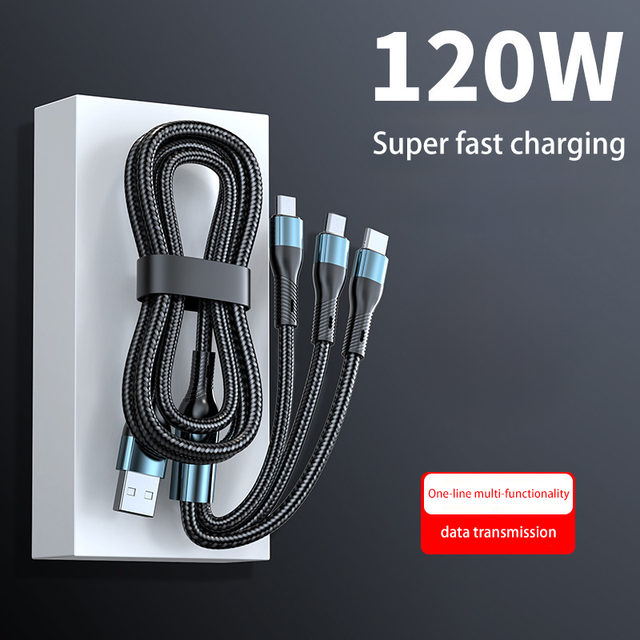 New 1.2M USB Data Cable for Mobile Phone Charger Fast Charging 100W Type C 3 in 1 Cable