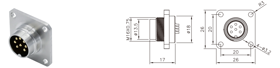 Square M16 Circular Connector Metal Screw Locking Waterproof Socket Plug