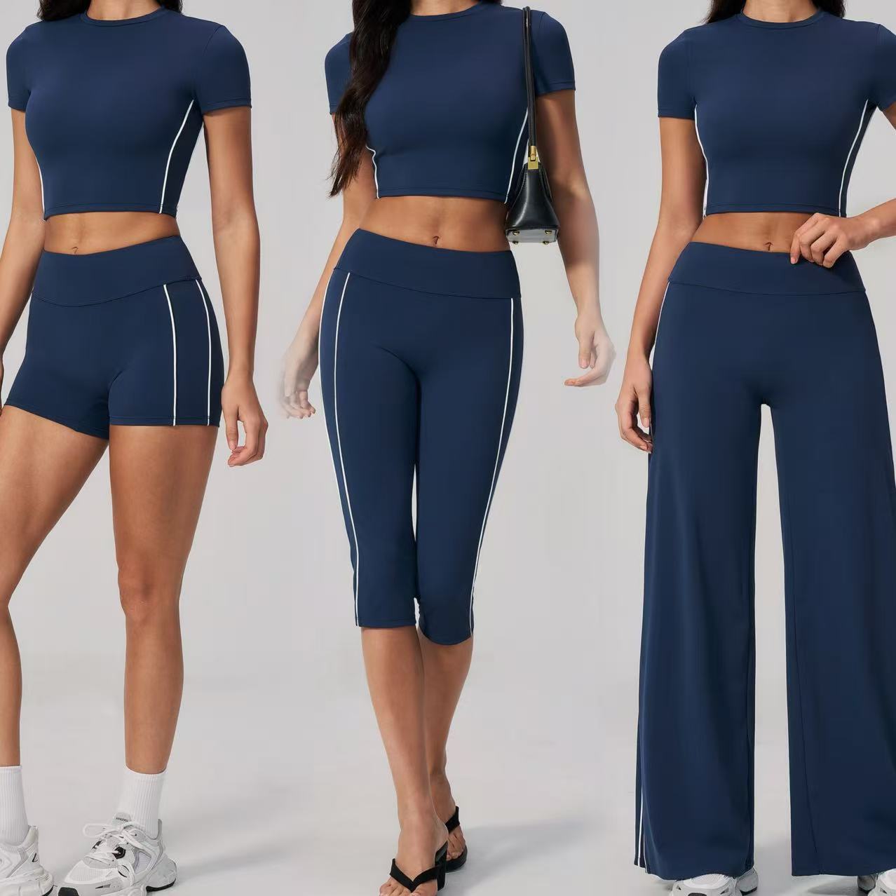 Women's Cropped Top High Waist Wide Leg Yoga Pants Set Breathable Shorts Capri Pants Activewear Contrast Side Stripes Sets
