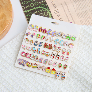 Ensemble de 30 paires de boucles d'oreilles colorées en forme d'animaux de dessin animé, en alliage de Zinc, cadeau pour femmes et filles, bijoux à la mode E1641-1 - Product Image 2