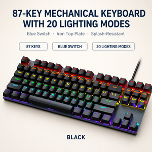 Clavier mécanique filaire USB 87 touches, interrupteurs bleus, 20 modes d'éclairage, plaque supérieure en ABS et fer, OEM ODM pour PC portable, CE ROHS FCC T18 - Product Image 1
