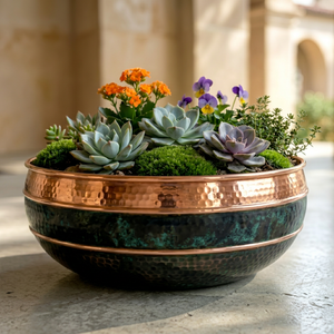 Handmade Rustic Metal Tabletop <b>Vase</b> Round Copper Finish With Succulents And Flowers Decorative Floral Display rough-forged metal - Product Image 1