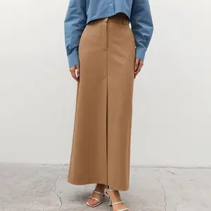 Verão de alta qualidade Fenda Francesa Slim Straight Maxi Saia Khaki Mulheres Cintura Alta Khaki Saia Longa