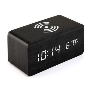 High Quality <b>LED</b> Wooden Alarm <b>Clock</b> Adjustable Brightness Wireless Charging Digital Display Quartz Electronic Acoustic Control - Product Image 1