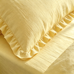 Set Copripiumino <span class=keywords><strong>Elegante</strong></span> in Cotone Lavato Traspirante 200T, Giallo Tinta Unita, 4 Pezzi con Bordo in Pizzo a Doppio Overlock - Product Image 6