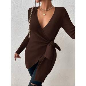 Pull en maille personnalisé pour femme, col en V, à nouer sur le côté, manches longues, décontracté, automne - Product Image 4