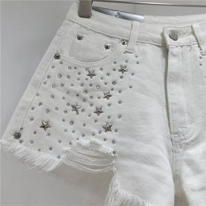 กางเกงยีนส์ขาสั้นฝังเพชร2023แฟชั่นของผู้หญิงเอวสูงทรงหลวมมีชายกางเกงขากว้างทรงหลวมฤดูร้อน - Product Image 4