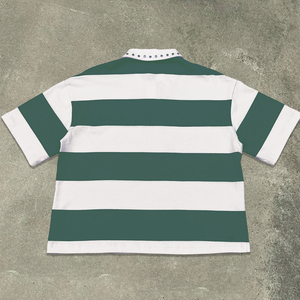 เสื้อยืดคอตตอน 100% ทรงดรอปไหล่ ตัดสั้น สตรีทแวร์ ลายทาง เสื้อยืดโอเวอร์ไซส์ เสื้อโปโลปักคริสตัลแบบหนาพิเศษสั่งทำได้ - Product Image 6