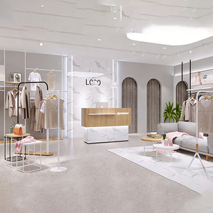 Design per Negozi <span class=keywords><strong>ONE</strong></span> Shopfitting, Espositore per Abbigliamento di Alta Gamma Personalizzato in Oro con Vetrina e Mobile Espositivo - Product Image 2