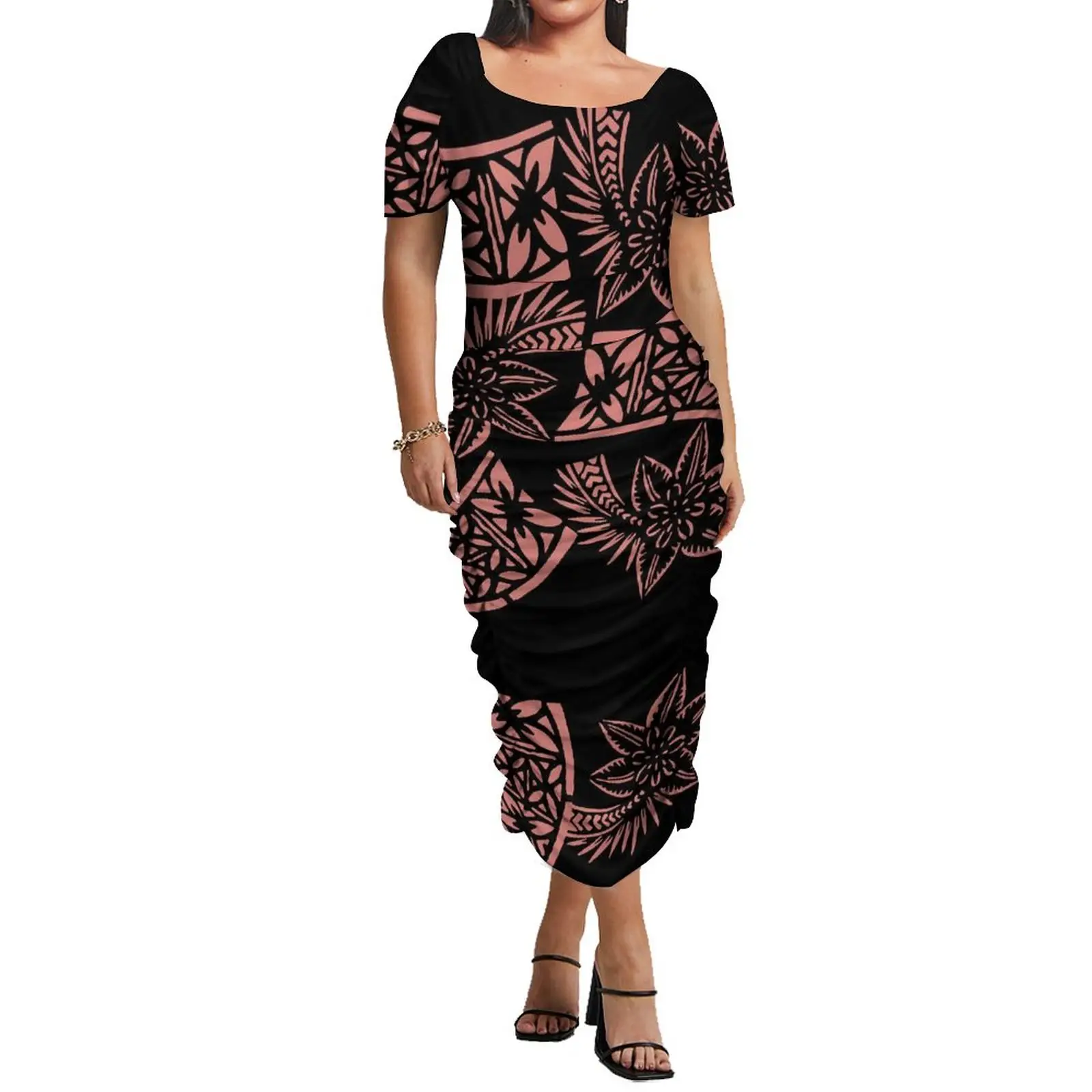 メラネシアポリネシアタパパターンプリントクルーネック半袖ミディドレスプリーツボディコンスリムフィット花嫁の母ドレス