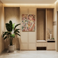Armoire de chambre principale à deux tons, crème et bois foncé, avec grille supérieure ouverte, comptoir en pierre noire et tiroir de rangement