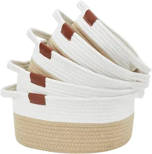 5-Piece Round Small Woven Baskets Set - 100% Natural Cotton Rope Baskets! Key Tray, Kids Montessori Toys, Bowl for Entryway