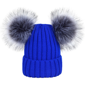 D1859 Topi Wol Rajut Wanita Musim Dingin, Topi Beanie <span class=keywords><strong>Pom</strong></span> Ganda Bulu Rajut Hangat Mode 2019 - Product Image 1