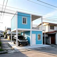 Casa Contenedor Prefabricada de Dos Pisos de 20 pies/40 pies con Balcón Abierto y Cochera, Casa Móvil Moderna con Estructura de Acero Ligero, Vivienda Modular