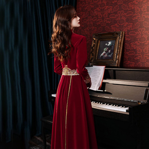 Velvet Chinese Style Wedding Dress Claret Long Sleeve Embroidered Evening Gown For Brides Engagement Party Spring Toasting - Product Image 4