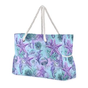 Summer Bohemian Style Women's Tote Purple Starfish Jellyfish Print Custom Logo Nylon Large <b>Beach</b> Tote <b>Bag</b> with Rope Handles - Product Image 1