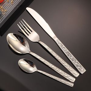 Juego de cubiertos de acero inoxidable con patrón en relieve, cuchillo para carne, tenedor y cuchara para hoteles, estilo occidental. - Product Image 1