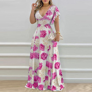 Vestido Maxi con Estampado Floral para Mujer, Cuello en V, Manga con Volantes, Cintura Alta, Corte en A, Elegante, Romántico, para Fiesta, Noche, Vestido de Gala - Product Image 3