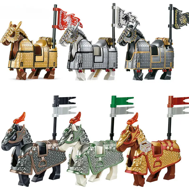 Üç krallık demir zırh savaş atı DIY blokları ve modeli yapı tuğlaları oyuncaklar ortaçağ askeri askerin savaş Steed